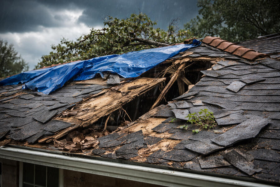 Storm damaged roof in Sacramento showing broken shingles and structural roof damage requiring emergency roof repair.